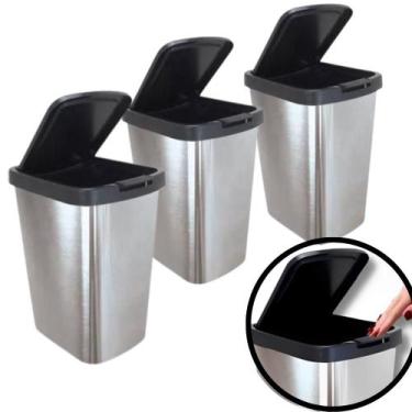 Imagem de Kit 3 Lixeira Retangular 9 Litros Cesto Lixo Tampa Click Metalizada Ba