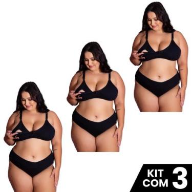 Imagem de Kit 3 Conjuntos Sutiã e Calcinha Cotton Amamentação Plus Size Tamanho 
