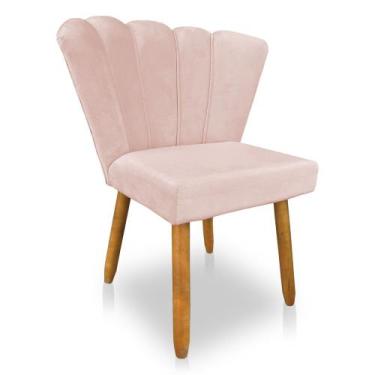 Imagem de Cadeira Poltrona Flor Veludo Rosa Bebê Pés Palito Castanho - Pallazio