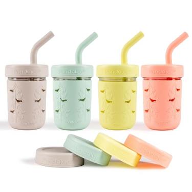 Imagem de Pandaloo® Copos de vidro Mason Jars 227 g | Copos infantis e infantis com mangas de silicone e canudos com tampa | Copos de smoothie à prova de derramamento e à prova de vazamento