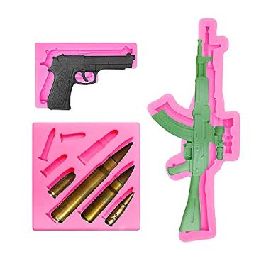 Imagem de Cestony 3 peças mini metralhadora pistola bala moldes de silicone para bolo, fondant, biscoitos, pudim de açúcar, chocolate, doces duros, sobremesas, decoração
