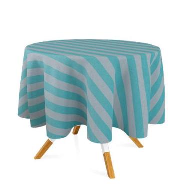 Imagem de Toalha de Mesa Redonda em Tecido Jacquard Azul Bebê e Bege Listrado Tr