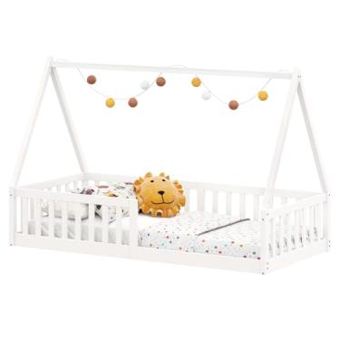 Imagem de IDIMEX Cama Infantil Madeira Branco Grade Montessori Casinha de Chão Nicolas