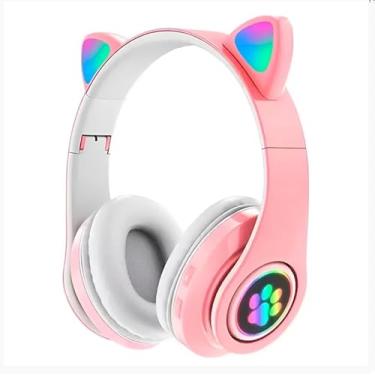 Imagem de Fone Headset Bluetooth Colorido Com LED Sem Fio Gatinho (Rosa)