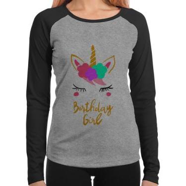 Imagem de Baby Look Raglan Birthday Girl Manga Longa - Foca na Moda, Cinza, Pret