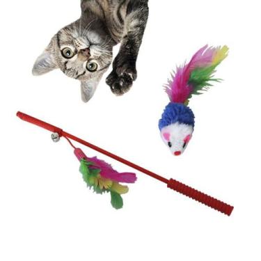 Imagem de Kit 2 Brinquedos Pet Gatos Ratinho Feltro Varinha Recreação - Gastrobe