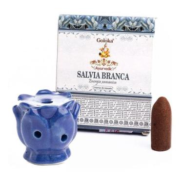 Imagem de Kit Incensário Indiano Cascata Azul e Incenso Sálvia Branca - Empório 