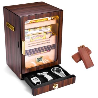 Imagem de Umidificadores elétricos para charutos, umidificador de mesa com iluminação LED de design transparente com caixa de charuto portátil de 3 pacotes, prateleiras de madeira de cedro espanhol, higrô