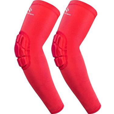 Imagem de Hopeforth 2 peças Manga acolchoada de cotovelo Braço de compressão Esportes Shooter Manga Protetora Gear Pads Suporte para Futebol Basquete Voleibol Beisebol Softball Tênis Ciclismo Externo Jovem Homem Feminino, Red Elbow Pad, Medium
