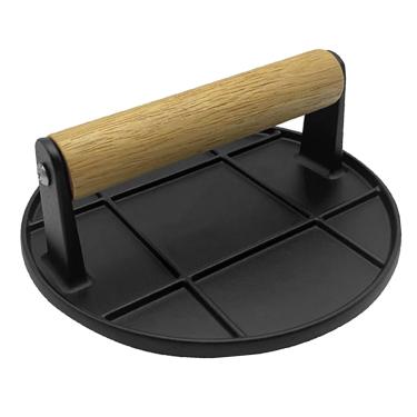 Imagem de MoMoxi Prensa de hambúrguer esmagada com cabo de madeira para grelha, sanduíche, panela antiaderente (redonda 16 cm x 16 cm)