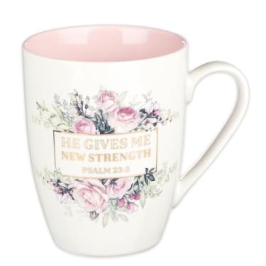 Imagem de Caneca de café cristã de cerâmica He Gives Me New Strength Salm 23:3 para mulheres - rosas rosa com xícara de café inspiradora dourada, 355 ml