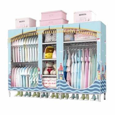 Imagem de Guarda-roupa Armário grande com zíper totalmente fechado, armação de tubo de aço, pano de cetim, guarda-roupa resistente, durável, simples para quarto armário