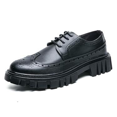 Imagem de Sapato social masculino plataforma grosso couro genuíno brogue ponta de asa Oxfords clássico bico redondo cadarço sola lug sola Derby sapatos casuais confortáveis negócios formal trabalho sapatos,