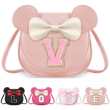 Imagem de izuzta Bolsa infantil para crianças 1 2 3 4 5 6 7 8 anos de idade bonito mouse orelha laço bolsa transversal presente de aniversário, Grande/bolsa rosa/letra rosa, V, V