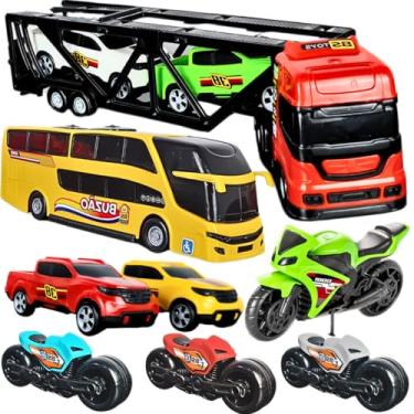 Imagem de Kit Caminhão De Brinquedo Ônibus C/ 10 Pçs Carrinhos Moto