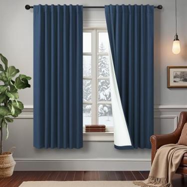 Imagem de Cortinas pretas de linho azul marinho 153 cm de comprimento, 2 painéis, isolamento térmico, blackout total, cortinas escuras com bloqueio de luz para sala de estar, crianças, quarto de meninos, 63