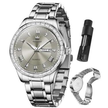 Imagem de OLEVS Relógios masculinos com data, aço inoxidável, quartzo, mostrador romano, diamante, clássico, executivo, masculino, relógio de pulso, à prova d'água, calendário luminoso Reloj para Hombre