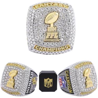 Imagem de noblehead Anel Fantasy Football 2024 | Anel campeão FFL pesado | Troféu de prêmio banhado a ouro prateado para vencedor da liga de futebol de fantasia, size 9, Metal, Diamante branco