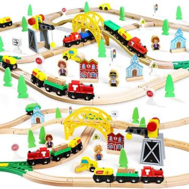 Imagem de Conjunto de Trem de Madeira TOY Life com Guindaste (60 Peças) - Brinqu