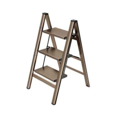 Imagem de Escada dobrável Escada Doméstica Interna Multifuncional Engrossada Liga de Alumínio Escada Dobrável Três Degraus Escadas Portátil Pequena Escada Bancos Banco de degrau dobrável(Gold,Médio)