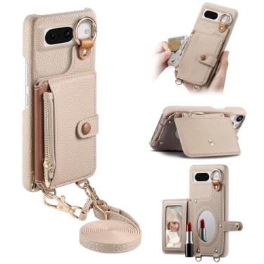 Imagem de Capa de telefone carteira transversal removível durável para Google Pixel 8A, bolsa com zíper, suporte de anel, espelho integrado, compartimento para cartão, suporte de vários ângulos em elegante capa