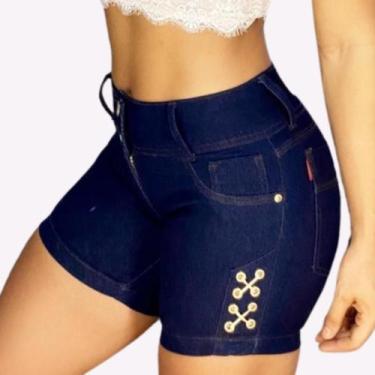 Imagem de Short Jeans Feminino Cintura Alta Lycra Empina Bumbum Com Ilhós Premiu