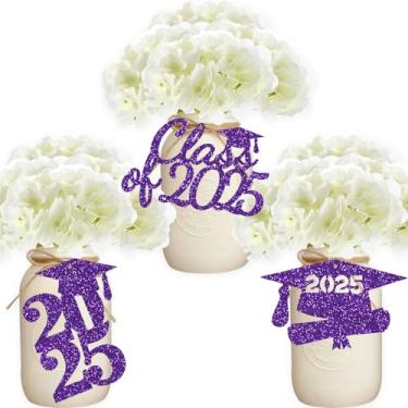Imagem de Etiquetas de lembrancinha de formatura roxas 2022 Parabéns centro de mesa etiquetas de presente tampa de glitter ideias de mesa de diploma favor de festa conjunto de 24