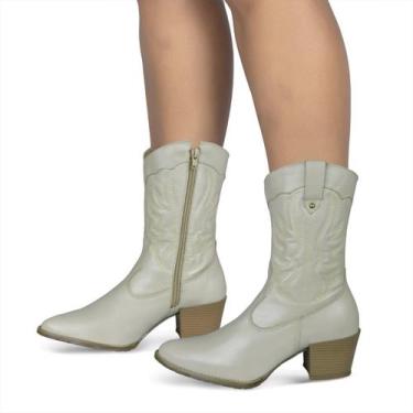 Imagem de Bota Feminina Western Couro Legítimo Off-White Salto Bloco Texana 8805
