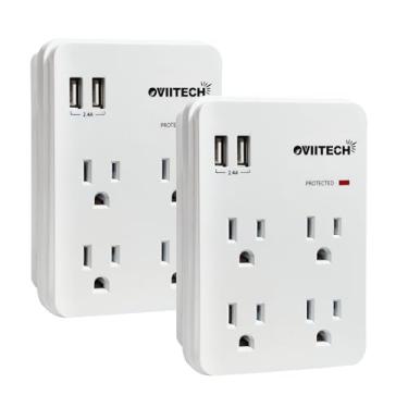 Imagem de OviiTech Protetor de surtos multifuncional para tomada de parede com 4 tomadas e duas portas de carregamento USB de 2,1 A, adaptador de tomadas, branco listado pela ETL, pacote com 2