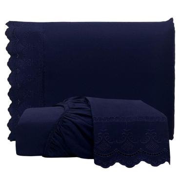 Imagem de Jogo De Lençol King Bordado Ingles Micropercal 300 Fios Toque De Algodão 3 Peças - Azul Marinho