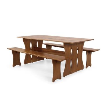 Imagem de Mesa De Jantar Retangular Dobrável 200cm Em Madeira Maciça Com 2 Bancos - Imbuia