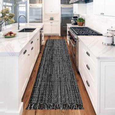 Imagem de Fixseed Tapete de corredor para cozinha ao ar livre tapete de algodão lavável na máquina, preto e branco com borlas, tapete boho para área interna para pia, sala de estar, casa de fazenda, tapete de
