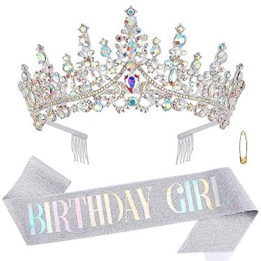 Imagem de ATODEN Tiara de prata de aniversário para meninas, tiara de coroa de rainha, tiaras e coroas para mulheres, tiara de princesa de cristal AB com strass, enfeite de coroa de quinze anos, acessórios para decorações de aniversário de casamento, noiva, cosplay, formatura, festa de Halloween