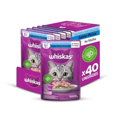Imagem de Packs de Ração Úmida Whiskas Sachê para Gatos Adultos Castrados, Peixe ao Molho, 40 Sachês de 85 g
