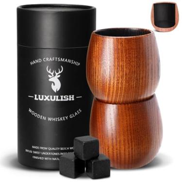 Imagem de LUXULISH Copo Bourbon de madeira carbonizada, inclui 3 pedras de uísque gelado, o copo original de madeira para beber, copos de uísque à moda antiga, presente legal para homens, pai, marido, irmão