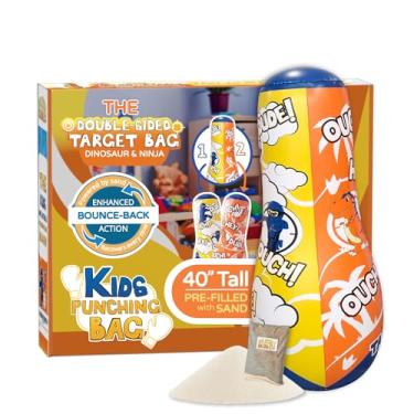Imagem de Inflatable Dudes Bolsa pequena - dupla face - Ninja e dinossauro 101 cm - Saco de pancadas infantil | Já cheio de areia | Saco de boxe | Saco de pancadas para crianças - (Little Dudes Rex e Nobi)