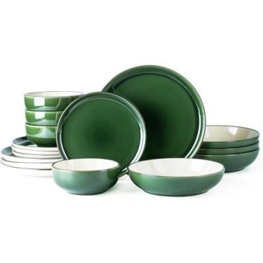 Imagem de GBHOME - Conjunto de Louça de Cerâmica com Tigela de Macarrão, 16 Peças, Serviço para 4 Pessoas, Resistente a Arranhões, Seguro para Lava-Louças e Micro-ondas, Branco e Verde
