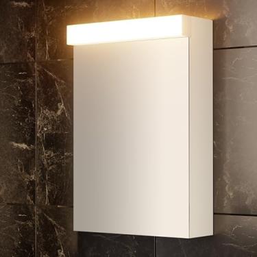 Imagem de Réflexon Armário de remédios LED para banheiro de 61 x 40 cm com espelho - regulação contínua, luz branca quente de 4000 K, prateleiras ajustáveis (montagem necessária)