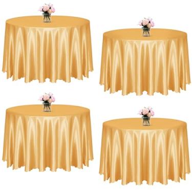 Imagem de KKJIAF Pacote com 4 toalhas de mesa redondas de cetim dourado, 224 cm, sobreposição, toalha de mesa de jantar de cetim sedoso para decoração de banquetes de casamento, buffet, festas