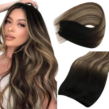 Imagem de Extensões de trama ensolarada com contas em extensões de cabelo preto natural ombre marrom escuro mistura caramelo loiro balayage micro extensões de trama de cabelo castanho ombré extensões de cabelo longo microcontas trama 55,88 cm 50g