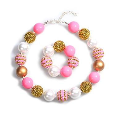 Imagem de Bling Bling Colar de chiclete grosso rosa e dourado conjunto de contas e pulseira com caixa de presente para bebês meninas (rosa e dourado), contas de chiclete de acrílico