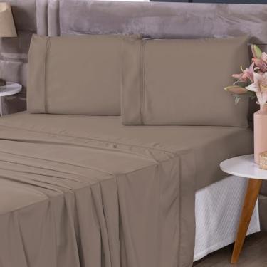 Imagem de Jogo de Lençol Solteiro 3 Peças 400 Fios - Roupa de cama, Lençol com Elástico, Lençol de Cima e Fronha - Tecido Macio Qualidade Premium (Avelã, Solteiro 3 Peças)