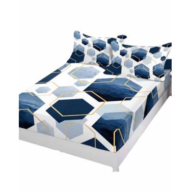 Imagem de ZFUNCING Jogo de lençol Queen com elástico de arte geométrica azul marinho com elástico de 12,7 a 40,6 cm, lençol de baixo luxuoso com fronha, textura hexagonal moderna para colchão