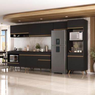 Imagem de Cozinha Modulada Completa 357cm 6 Peças Com Balcão Para Cooktop Veneza Multimóveis Mp2272 Preto Dourado