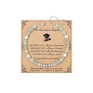 Imagem de Presentes de formatura 2025 para ela, pulseira de formatura The Adventure Begins, presentes de formatura do ensino médio para ela, pulseiras de pedra da lua, pulseira de inspiração para presentes de