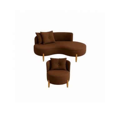 Imagem de Conjunto 01 Poltrona + Sofá Curvo Orgânico Veludo Marrom - Montanaris Decor