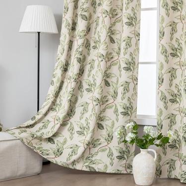 Imagem de Erbnaryx Cortinas blackout 80% para quarto, cortinas estampadas de folhas verdes 182 cm de comprimento para sala de estar, cortinas art déco vintage, cortinas de janela com isolamento térmico, ilhós