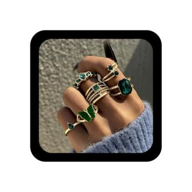 Imagem de Zeshimb Conjunto de anéis empilháveis para mulheres, delicados, verde-esmeralda, cristal, lágrima, quadrados, anéis de dedo de zircônia cúbica, joias estéticas para mulheres, Metal, Sem pedra preciosa