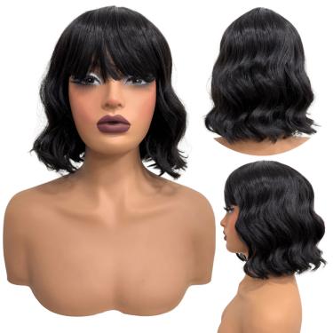 Imagem de Peruca curta com franja preta natural ondulada long bob 2