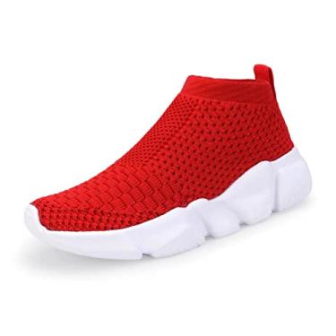 Imagem de YAVY Tênis infantil para meninos e meninas, tênis para crianças, tênis respirável, cano alto, atlético, leve, para caminhada, corrida, preto, 054-27, Vermelho e branco, 5 Toddler